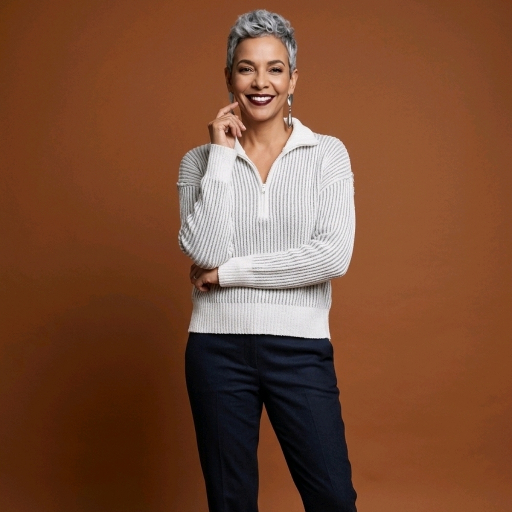 Ultra Flirt Cream & Light Gray Ribbed Half-Zip Pullover